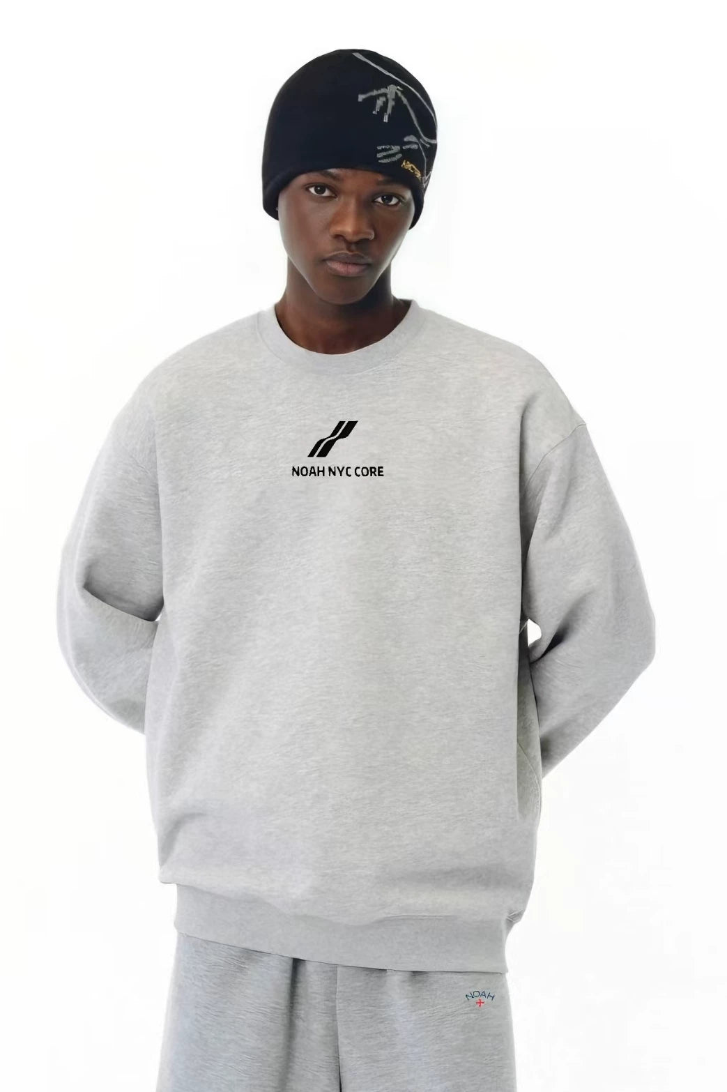 NOAH MARS niche trendy brand two bar wave American casual gray thread splicing men's round neck sweatshirt