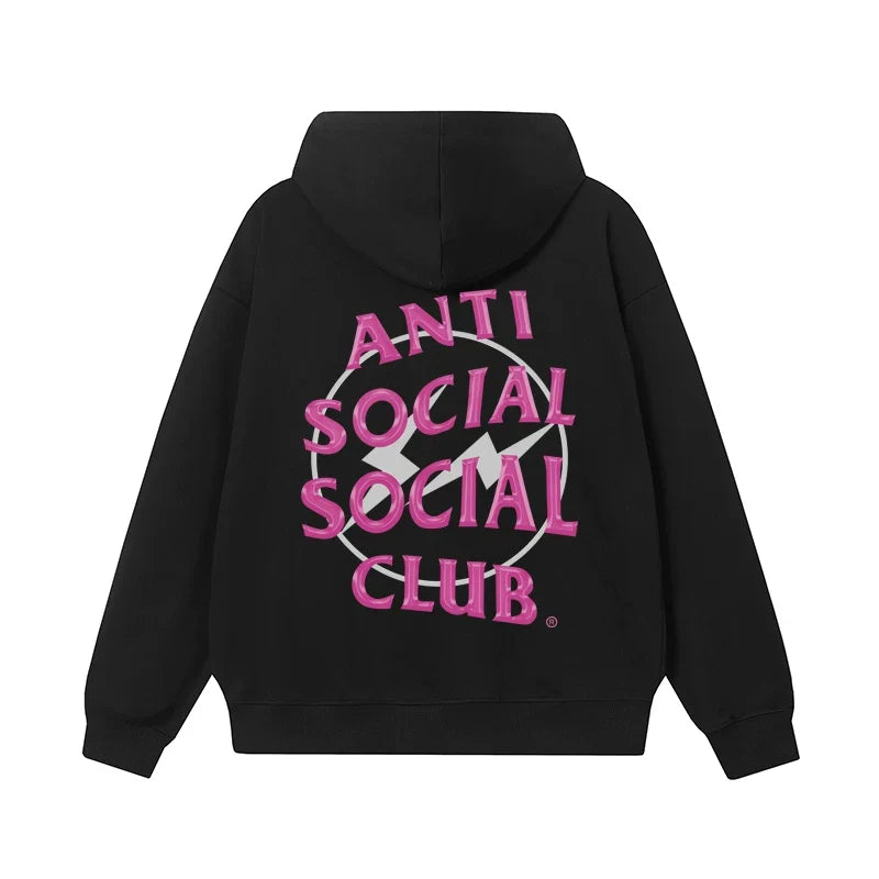 Anti Social Social Club Pink Lightning Circle Logo Hoodie - Black