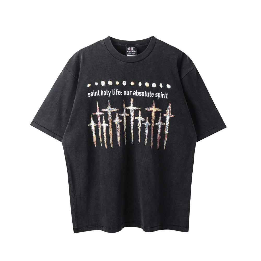 Saint Michael Multi-Cross & "saint holy Life" Vintage T-Shirt - Black