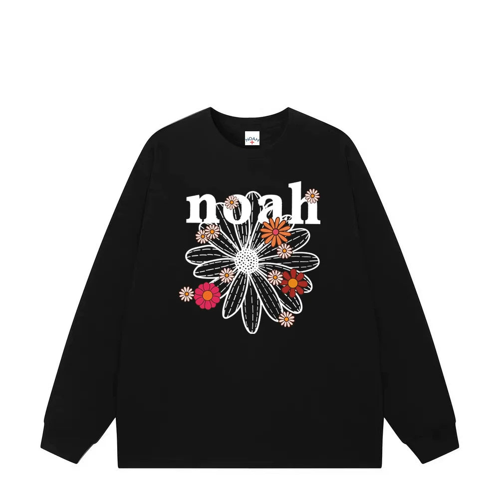 NOAH Spring and Autumn Small Daisy Letter Printed Round Neck Long Sleeve T-shirt for Men and Women, American Couple, Pure Cotton Loose Top